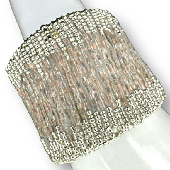 NWT Buckle Beaded Wide Cuff Fashion Bracelet Over Silver Tone - Picture 3 of 7